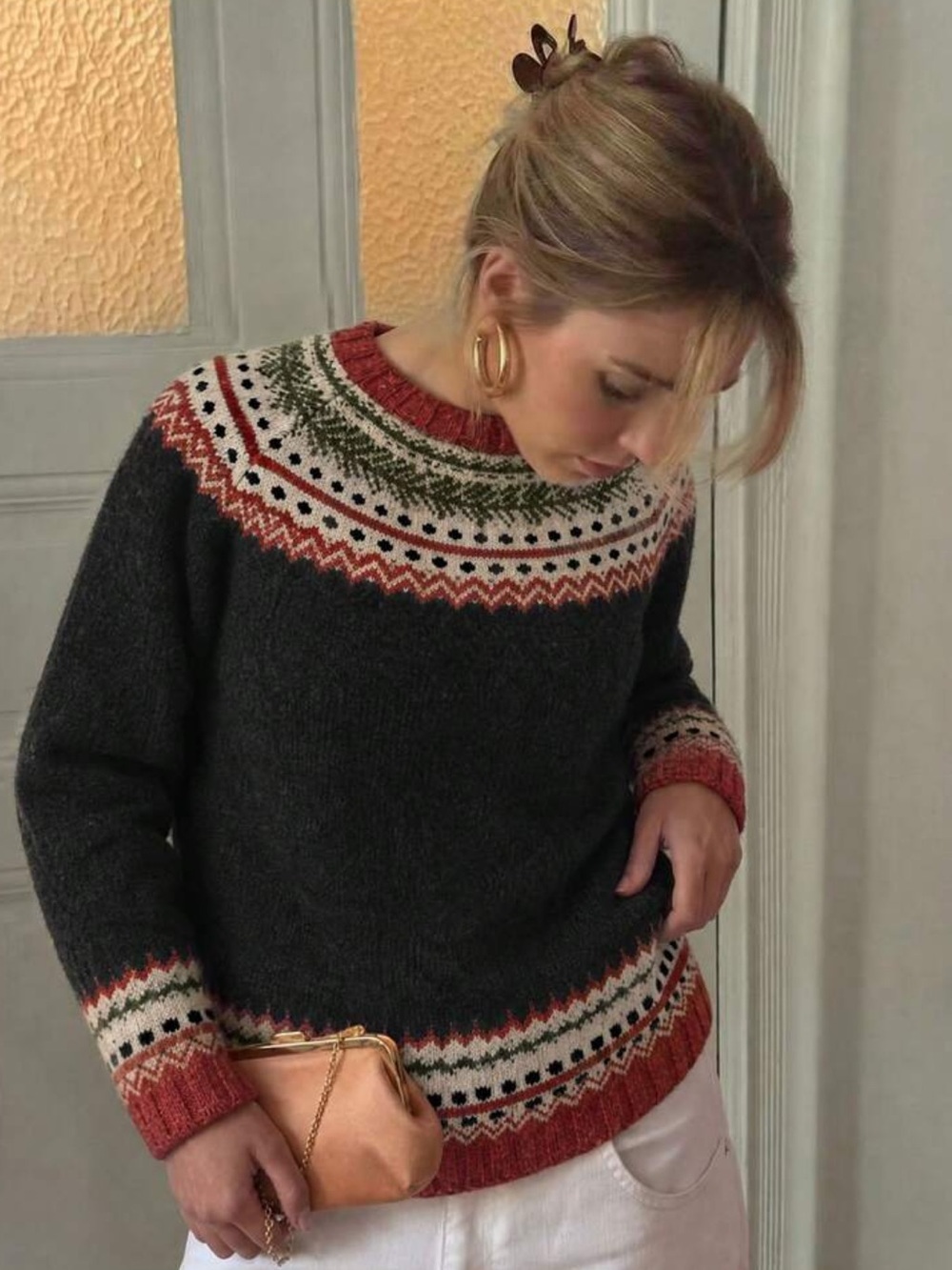 Charcoal Fair Isle Crewneck Sweater with Rust Trim